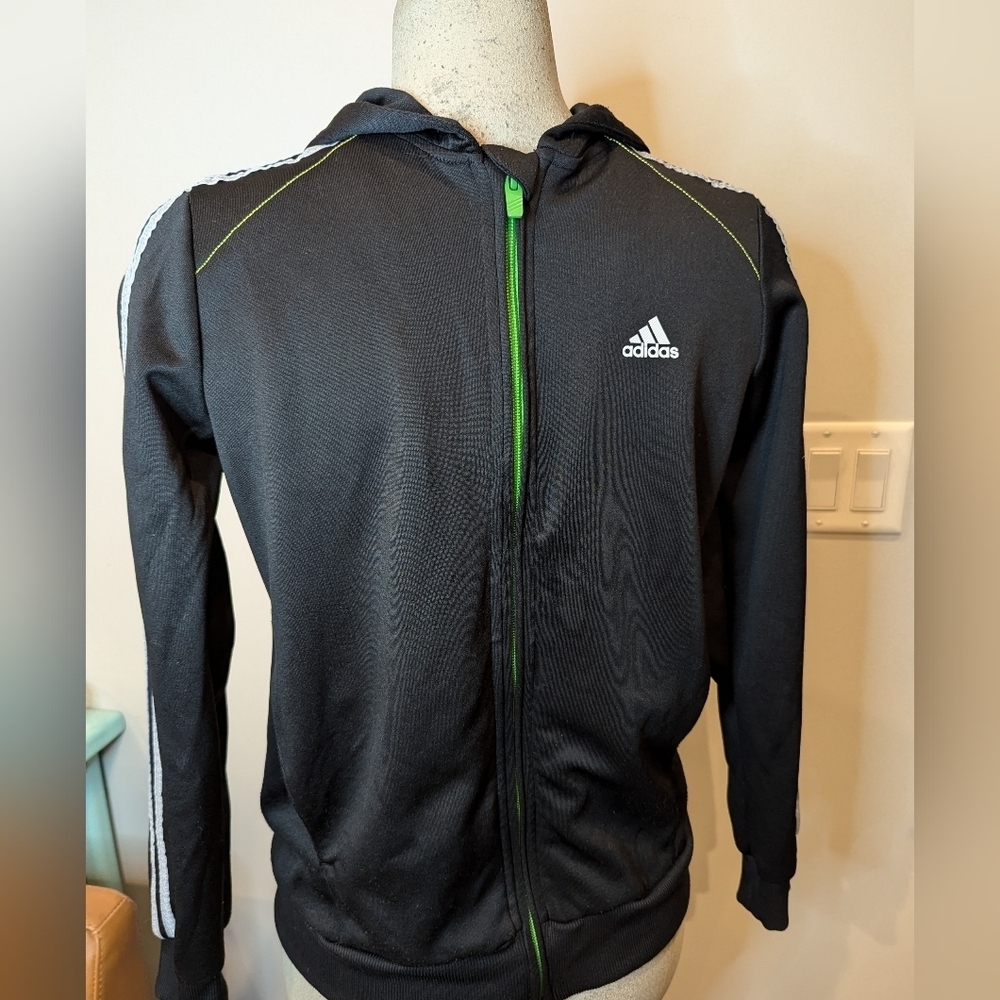 Adidas 3 Stripes Jacket  Black & Green with silver. Full Zip Youth Size L
